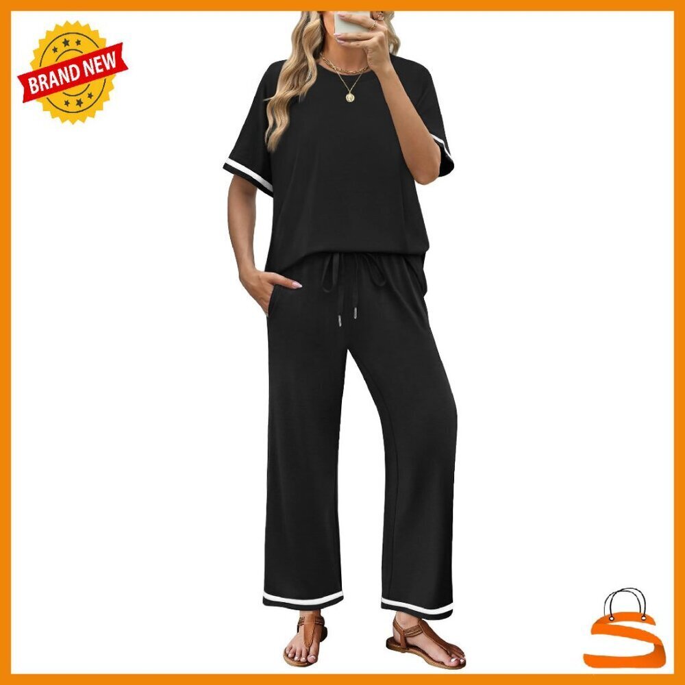 Women's Casual Lounge Set Short Sleeve Top Wide Leg Pants